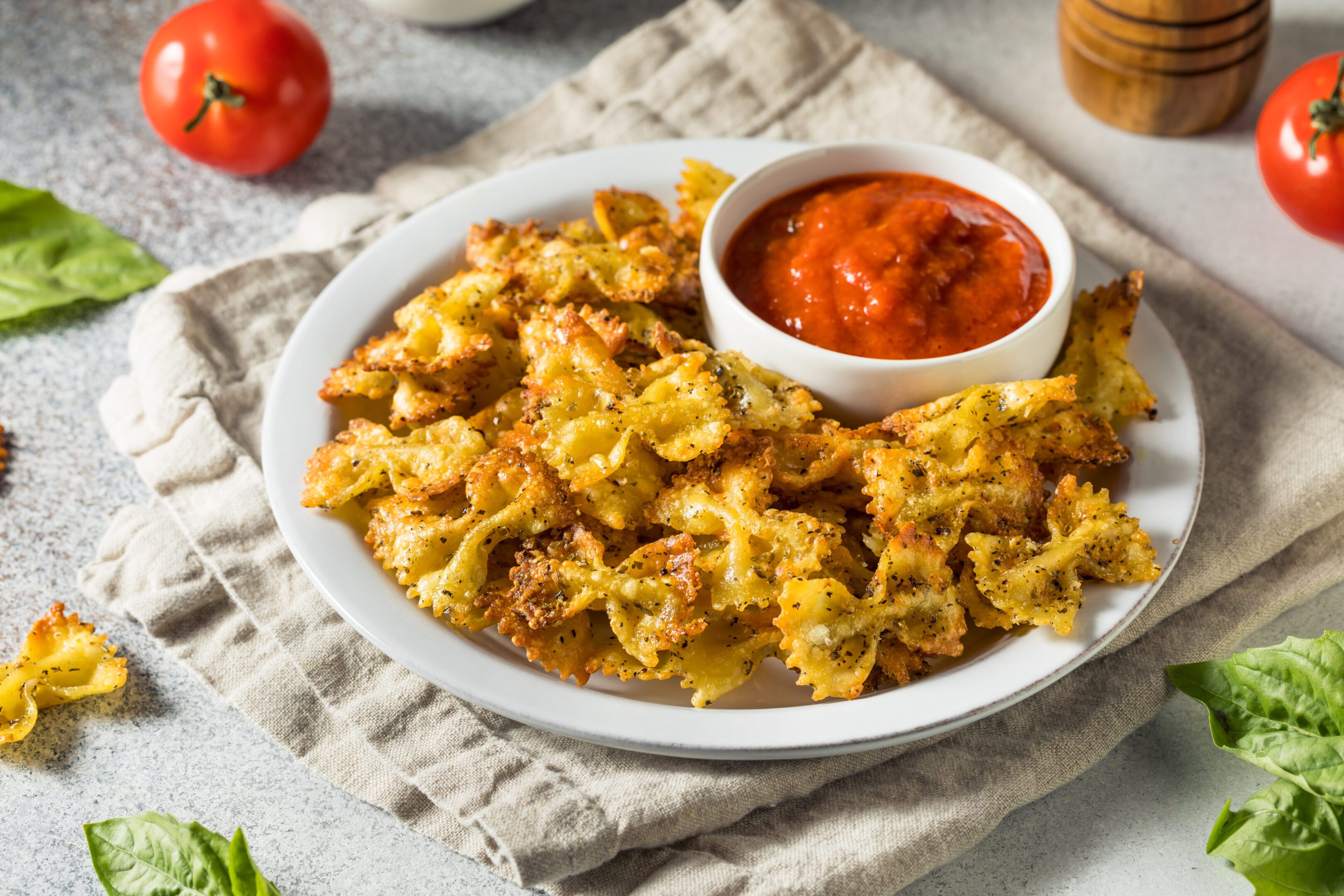 Homemade Trendy Pasta Chips with Marinara Sauce