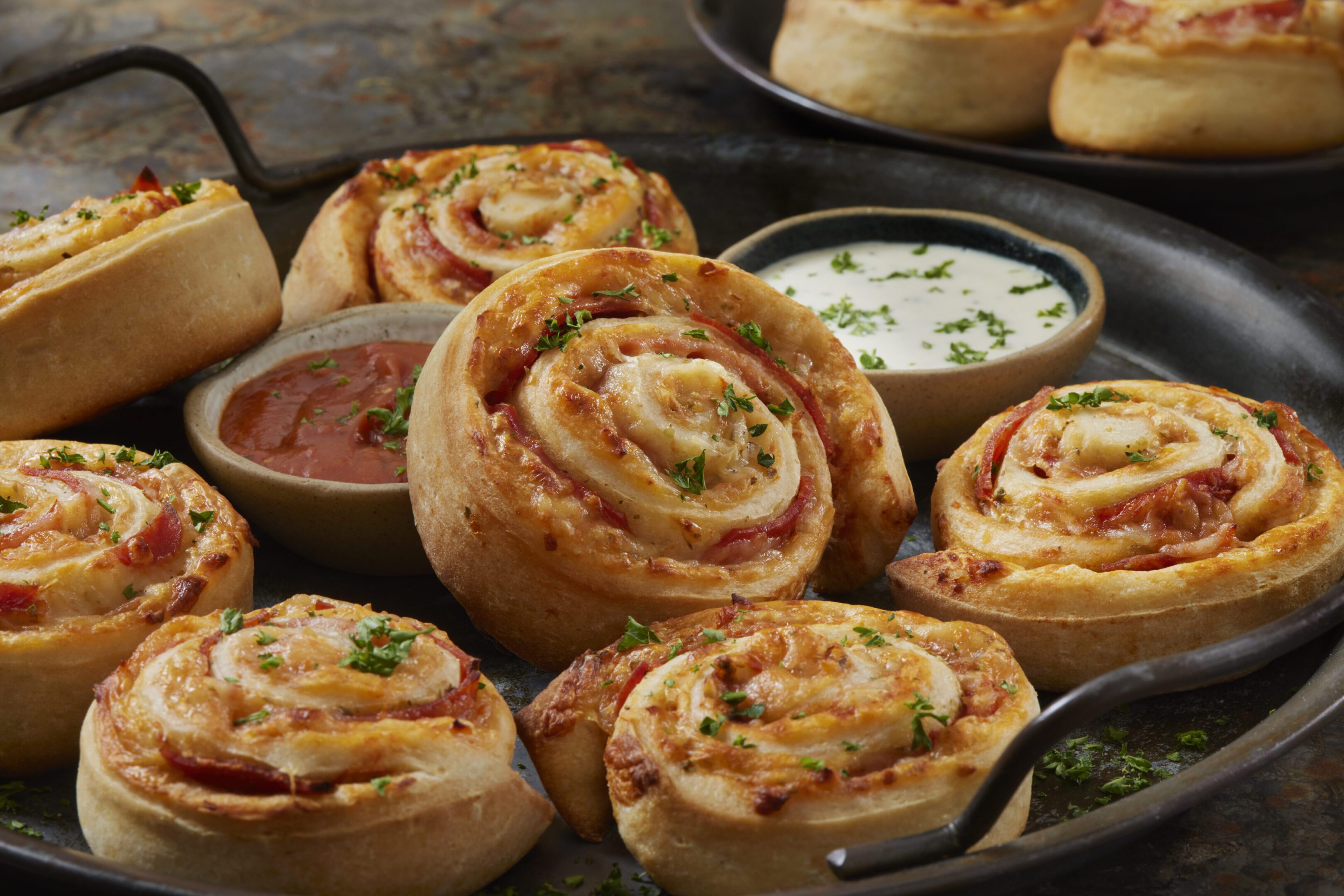 Baked Pepperoni Pizza Rolls with Marinara Sauce, Pepperoni, Mozzarella Cheese and Ranch Dip