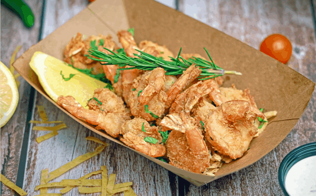Fried shrimp with lemon and herbs.